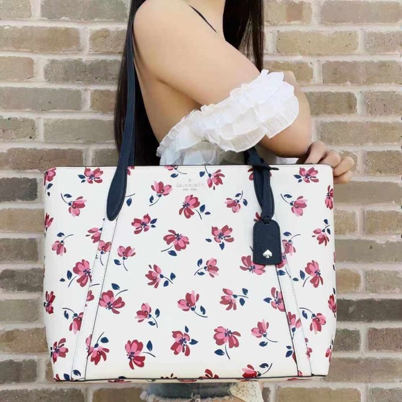 kate spade Handbags - Kate Spade Cara Tea Garden Toss Large Top Zip Tote White Pink Floral Blue Multi